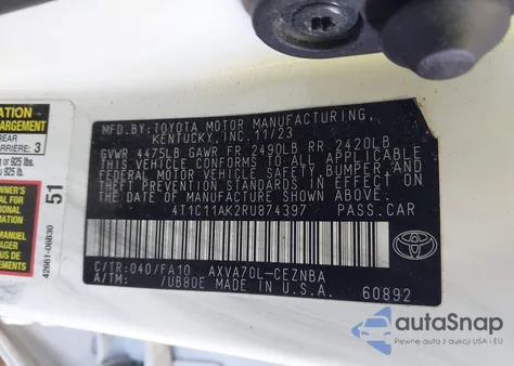 2024 Toyota Camry Le from USA, damaged, VIN 4T1C11AK2RU874397